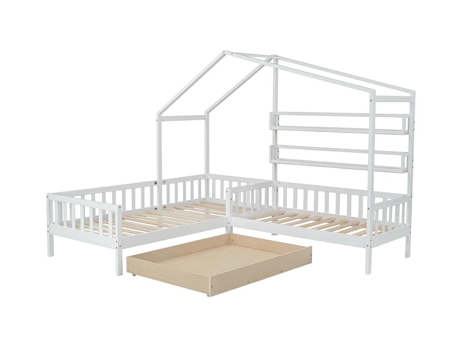 Lit cabane enfant 90x200cm en L avec lit 140x70cm,tiroir et étagères, cadre en pin, blanc, sans matelas