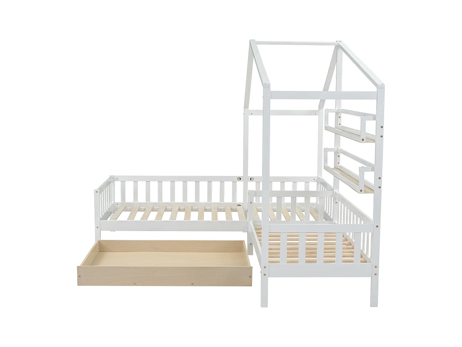 Lit cabane enfant 90x200cm en L avec lit 140x70cm,tiroir et étagères, cadre en pin, blanc, sans matelas