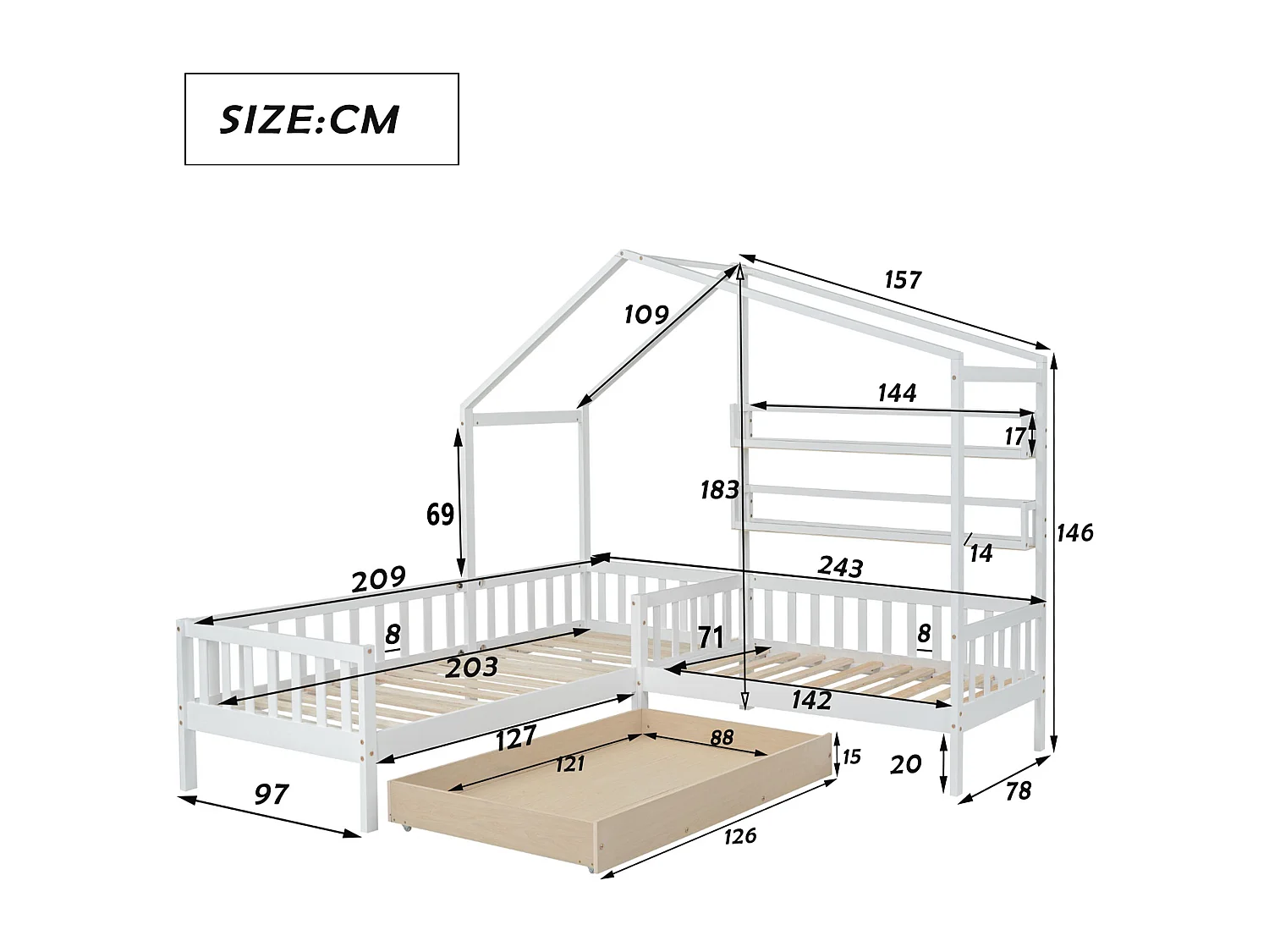 Lit cabane enfant 90x200cm en L avec lit 140x70cm,tiroir et étagères, cadre en pin, blanc, sans matelas