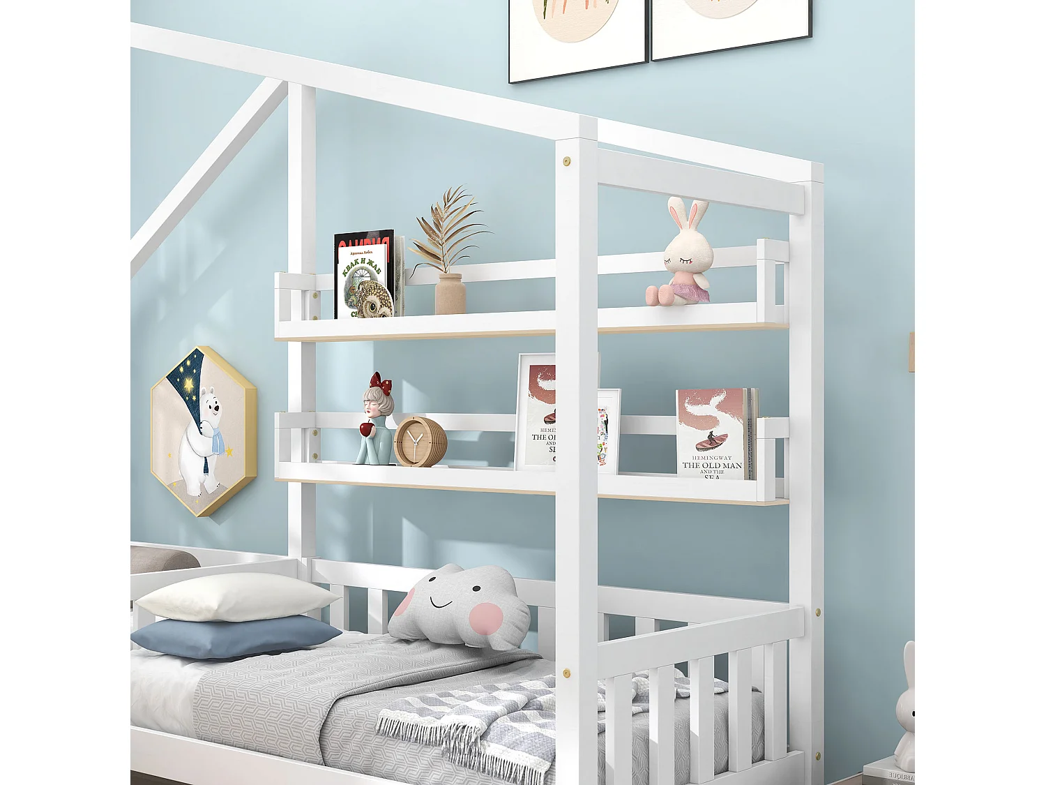 Lit cabane enfant 90x200cm en L avec lit 140x70cm,tiroir et étagères, cadre en pin, blanc, sans matelas