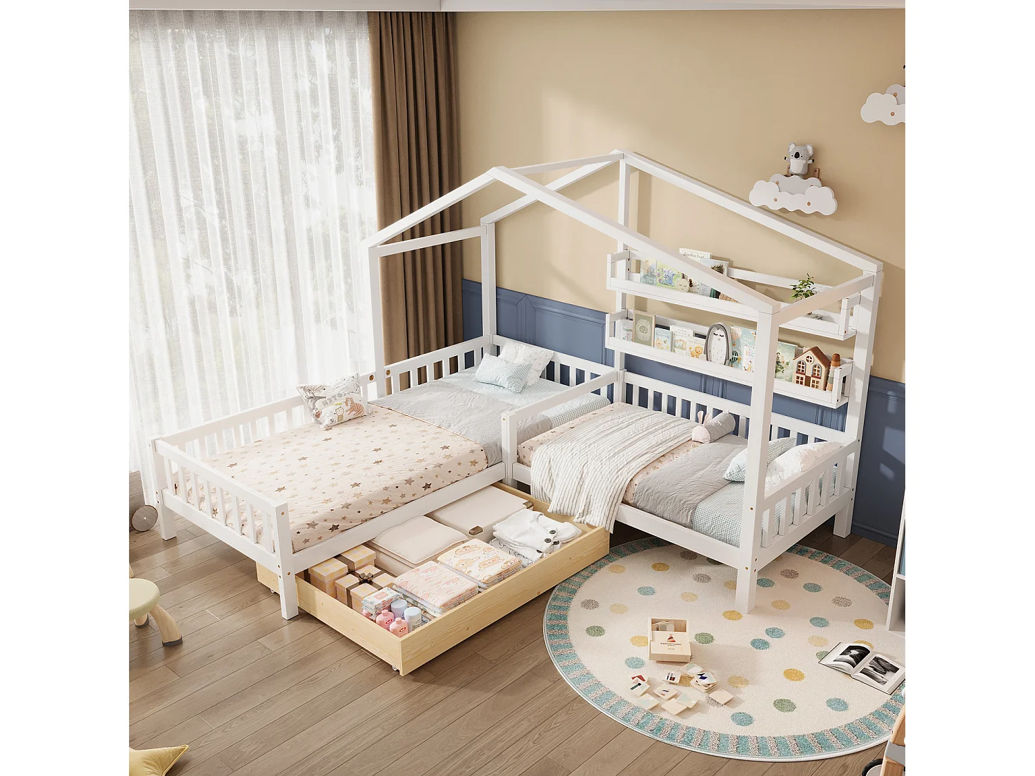 Lit cabane enfant 90x200cm en L avec lit 140x70cm,tiroir et étagères, cadre en pin, blanc, sans matelas