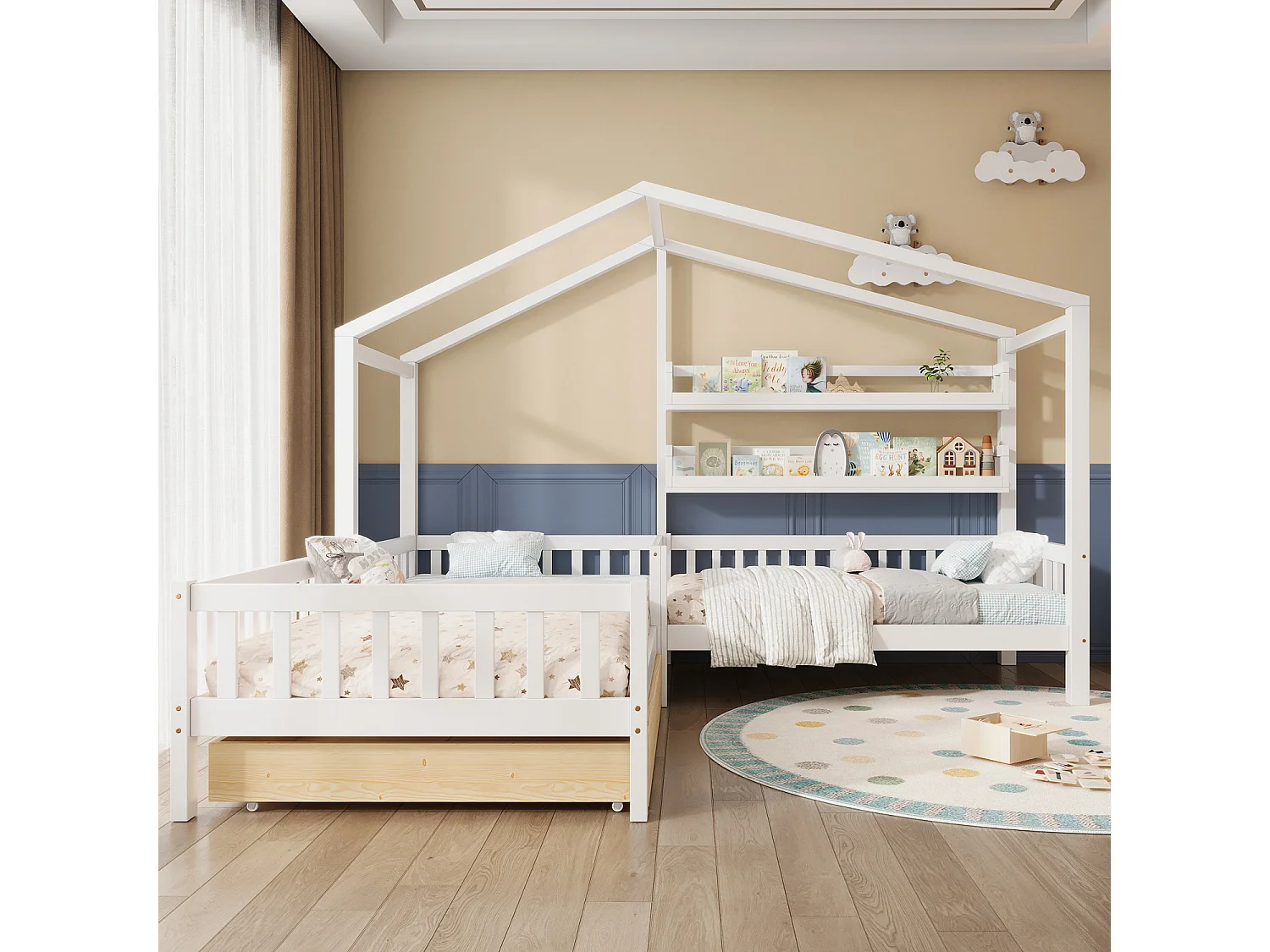 Lit cabane enfant 90x200cm en L avec lit 140x70cm,tiroir et étagères, cadre en pin, blanc, sans matelas