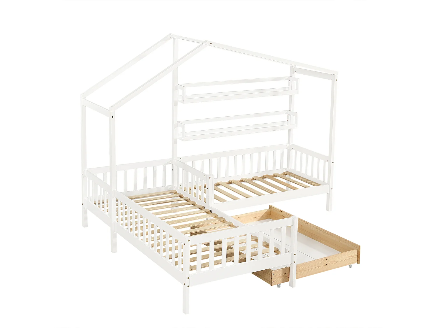 Lit cabane enfant 90x200cm en L avec lit 140x70cm,tiroir et étagères, cadre en pin, blanc, sans matelas