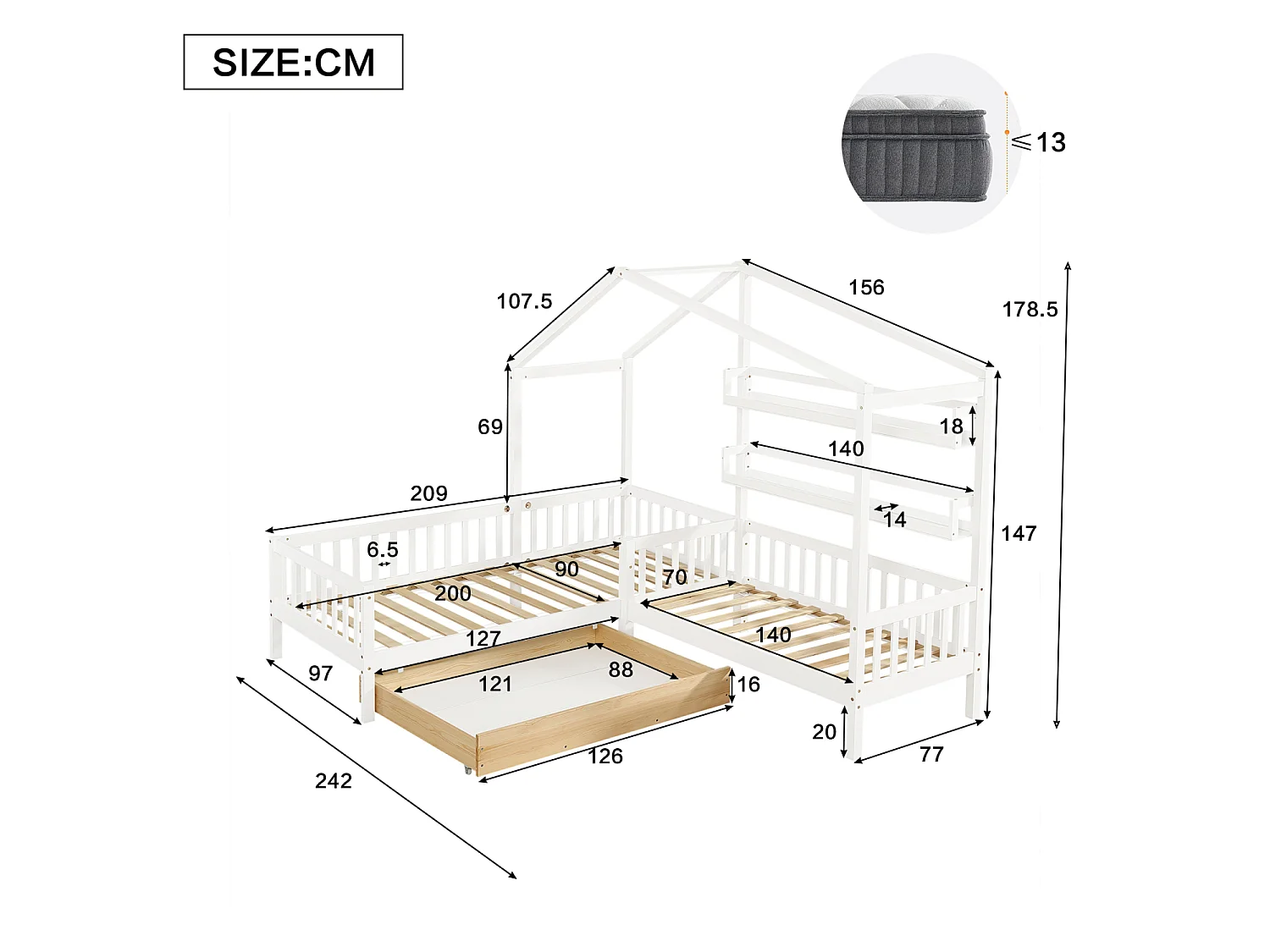 Lit cabane enfant 90x200cm en L avec lit 140x70cm,tiroir et étagères, cadre en pin, blanc, sans matelas
