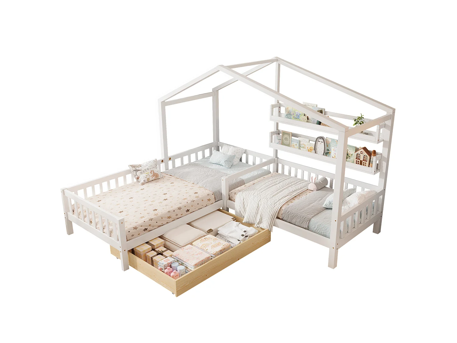 Lit cabane enfant 90x200cm en L avec lit 140x70cm,tiroir et étagères, cadre en pin, blanc, sans matelas