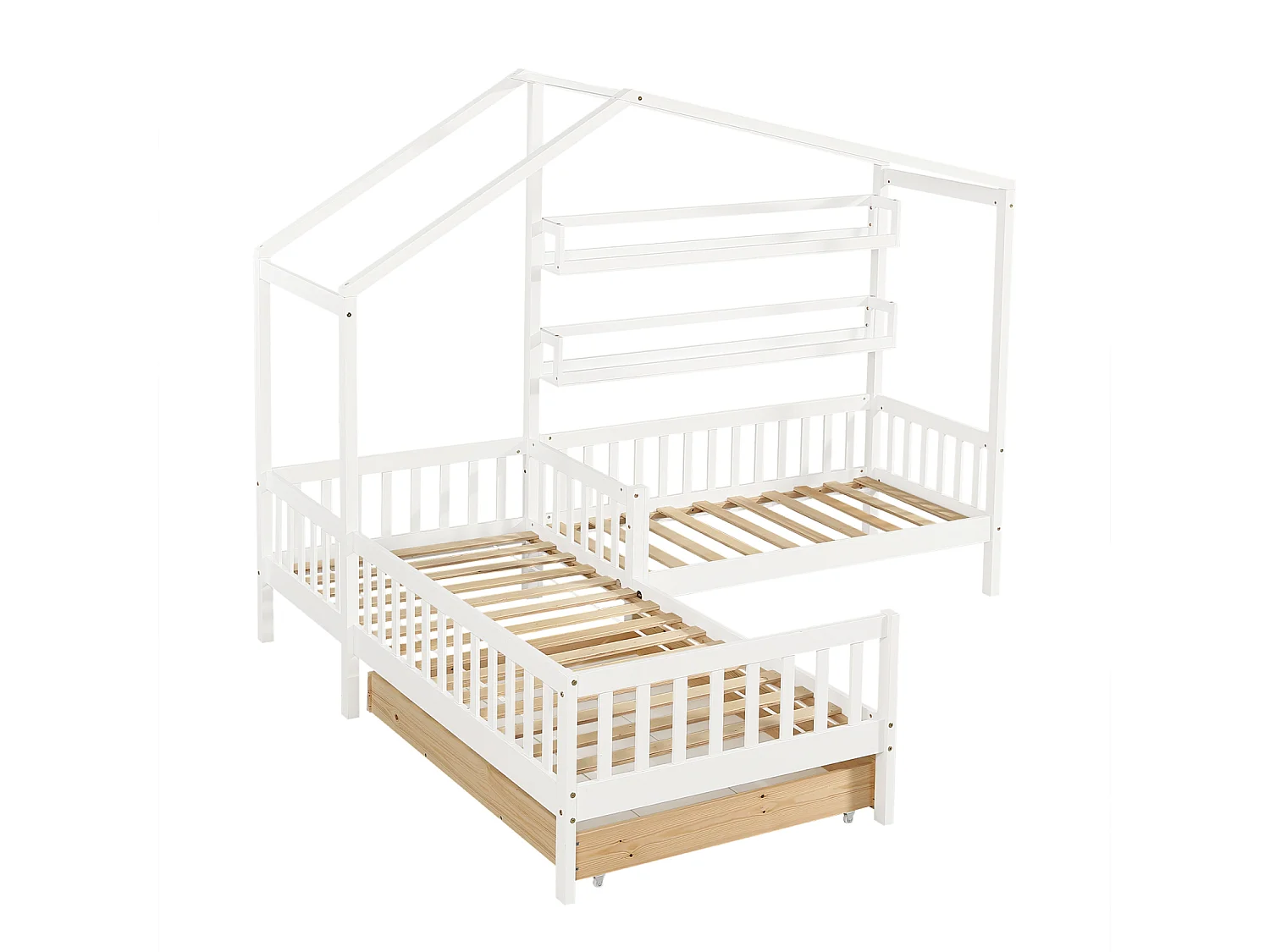 Lit cabane enfant 90x200cm en L avec lit 140x70cm,tiroir et étagères, cadre en pin, blanc, sans matelas