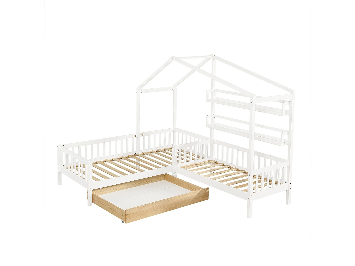 Lit cabane enfant 90x200cm en L avec lit 140x70cm,tiroir et étagères, cadre en pin, blanc, sans matelas