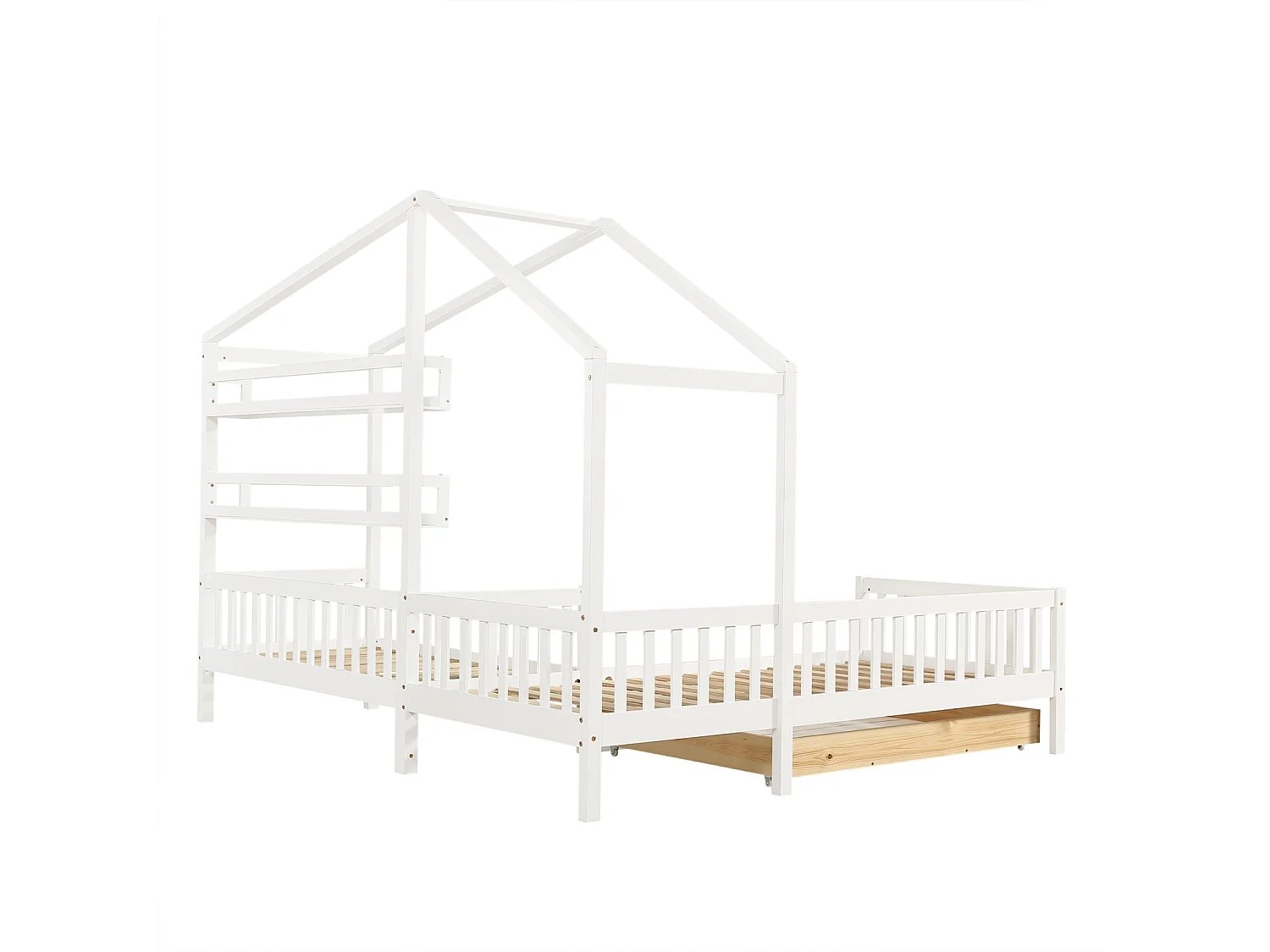 Lit cabane enfant 90x200cm en L avec lit 140x70cm,tiroir et étagères, cadre en pin, blanc, sans matelas