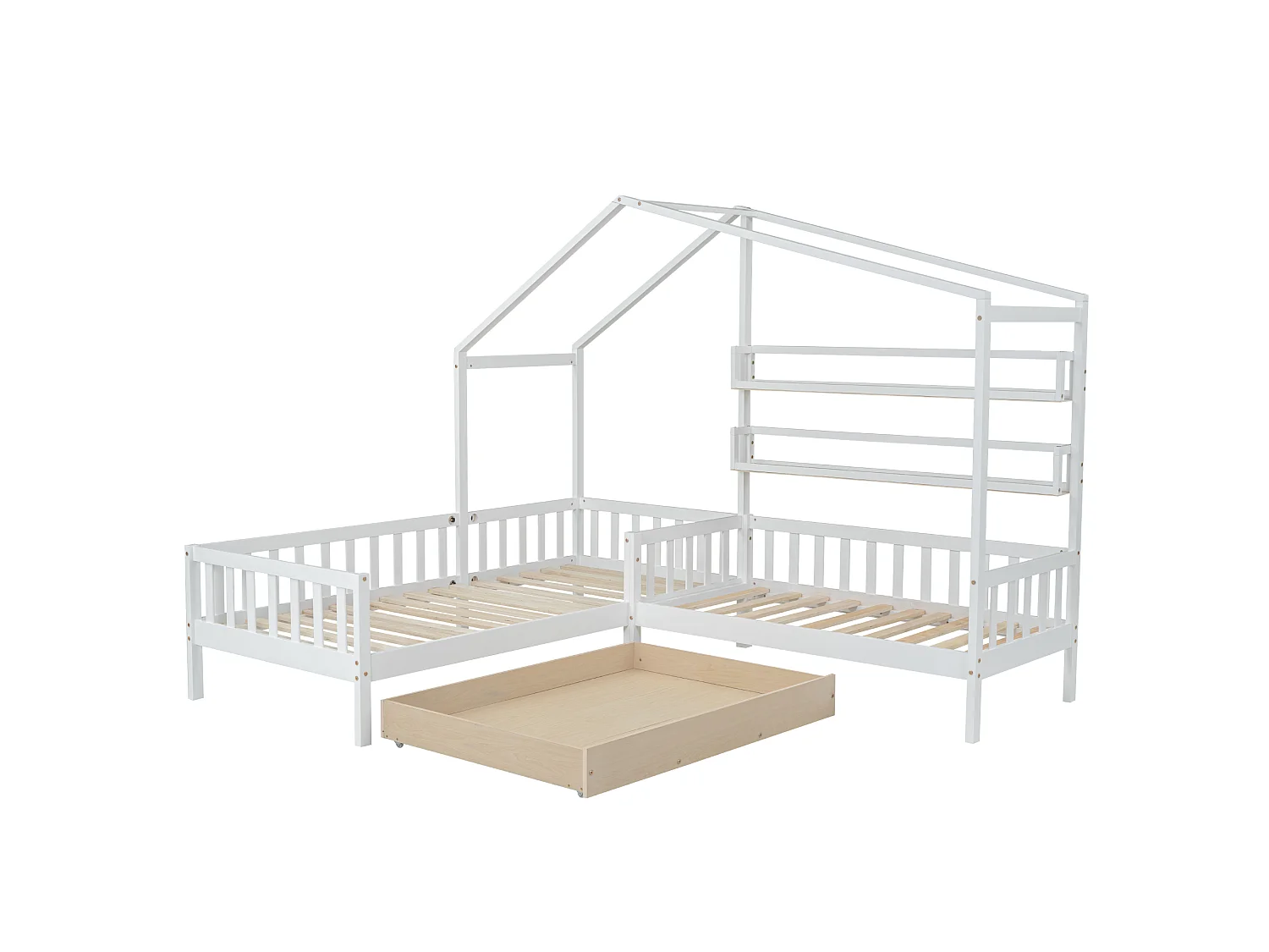 Lit cabane enfant 90x200cm en L avec lit 140x70cm,tiroir et étagères, cadre en pin, blanc, sans matelas