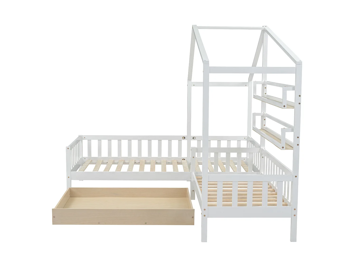 Lit cabane enfant 90x200cm en L avec lit 140x70cm,tiroir et étagères, cadre en pin, blanc, sans matelas