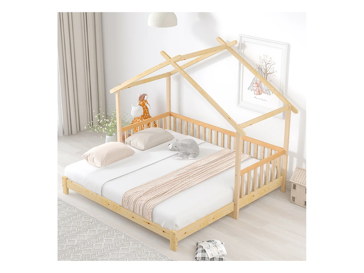 Lit cabane enfant 90/180x200cm avec lit gigogne, woodgrain naturel clair, sans matelas
