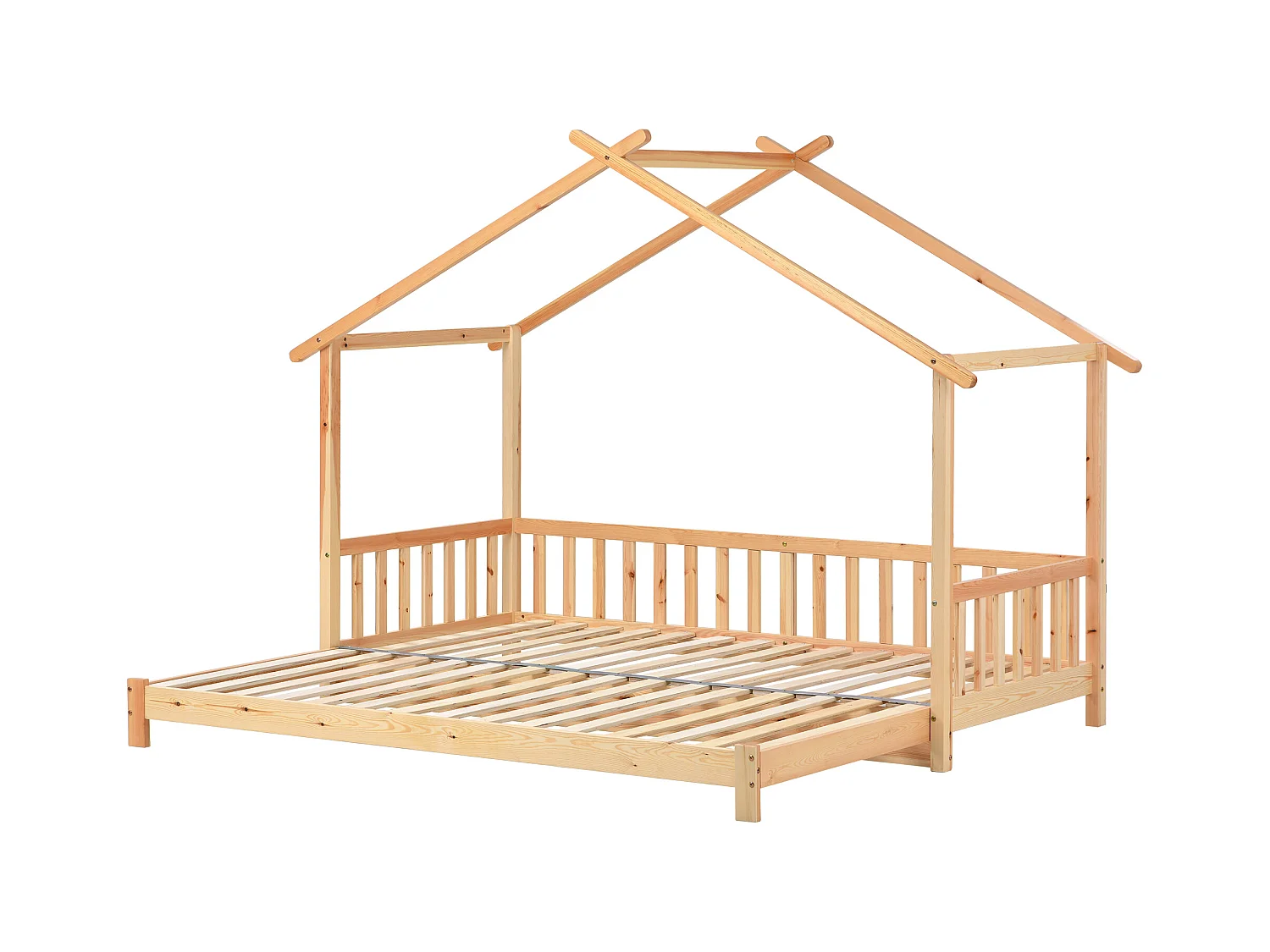Lit cabane enfant 90/180x200cm avec lit gigogne, woodgrain naturel clair, sans matelas