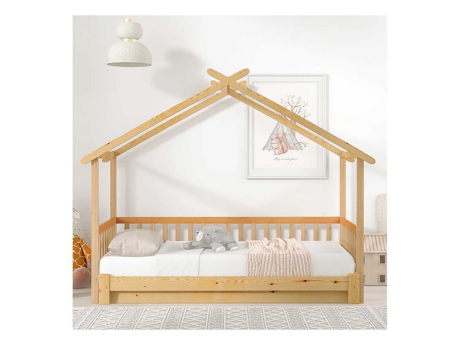 Lit cabane enfant 90/180x200cm avec lit gigogne, woodgrain naturel clair, sans matelas