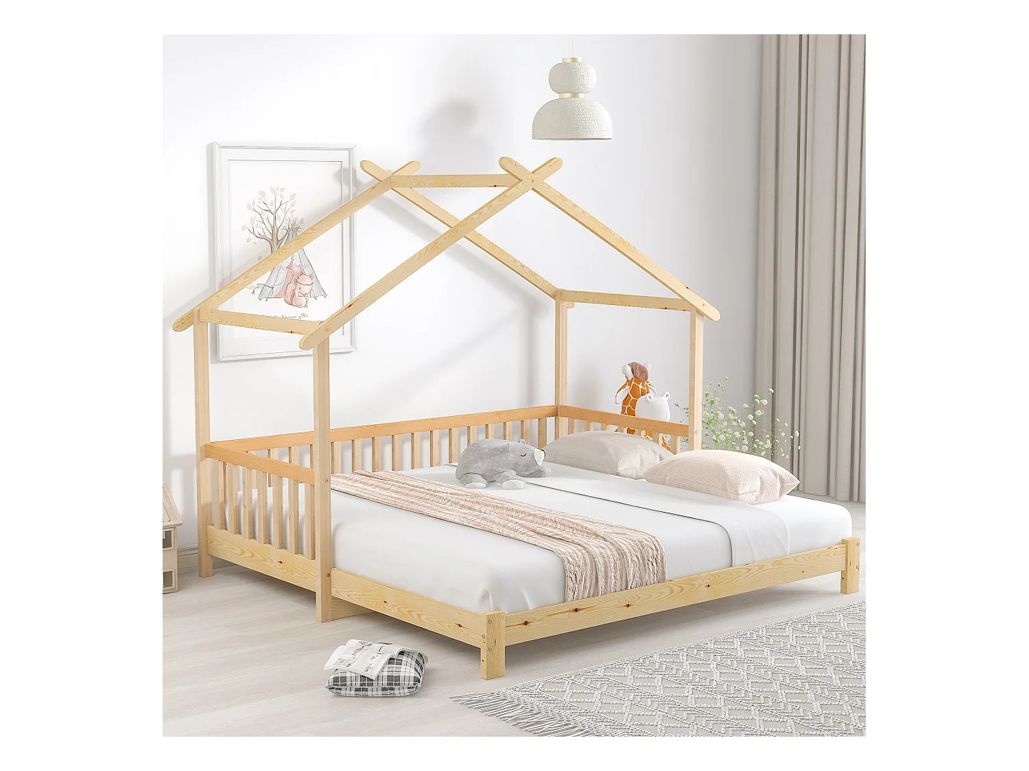 Lit cabane enfant 90/180x200cm avec lit gigogne, woodgrain naturel clair, sans matelas
