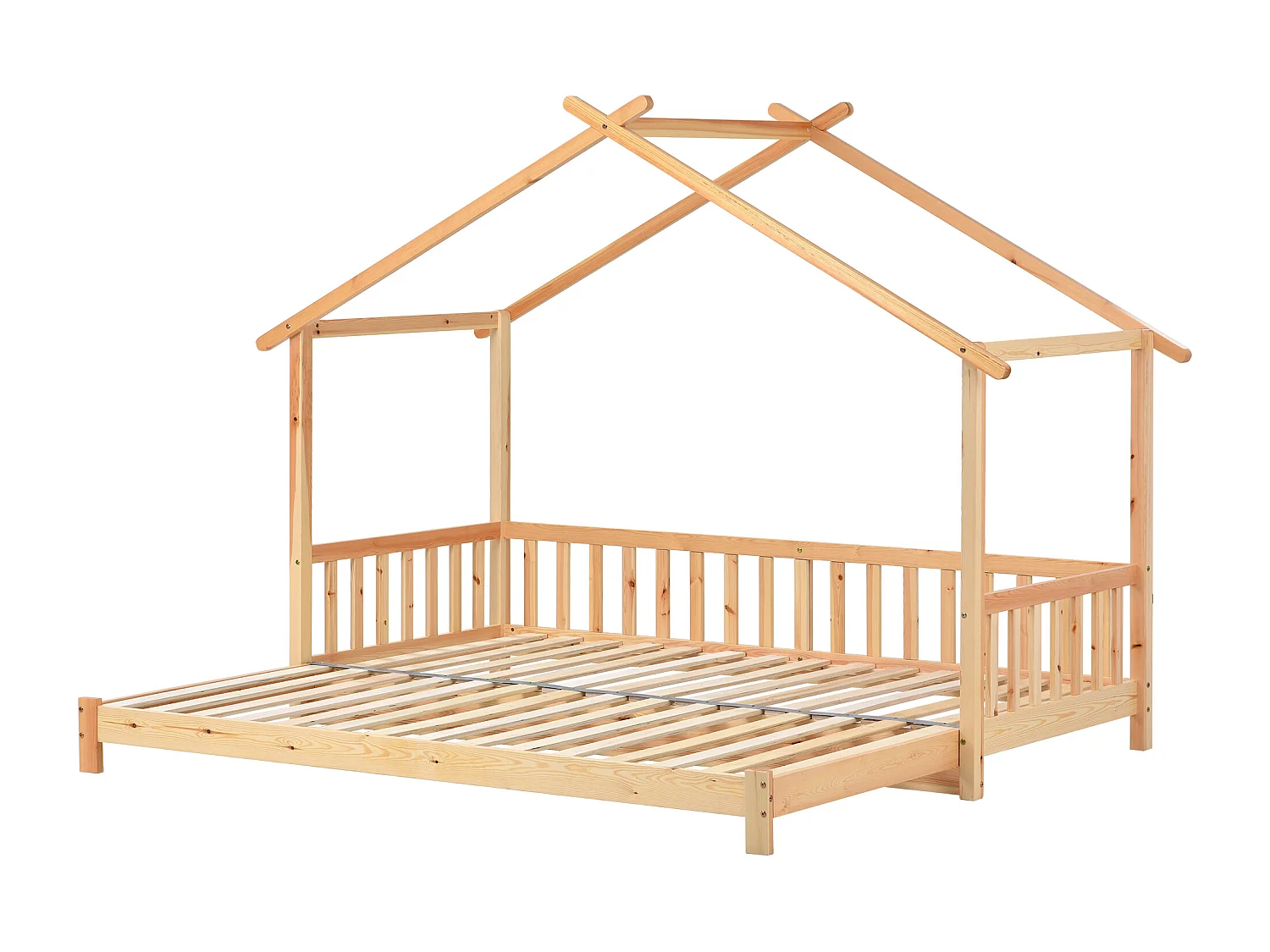 Lit cabane enfant 90/180x200cm avec lit gigogne, woodgrain naturel clair, sans matelas