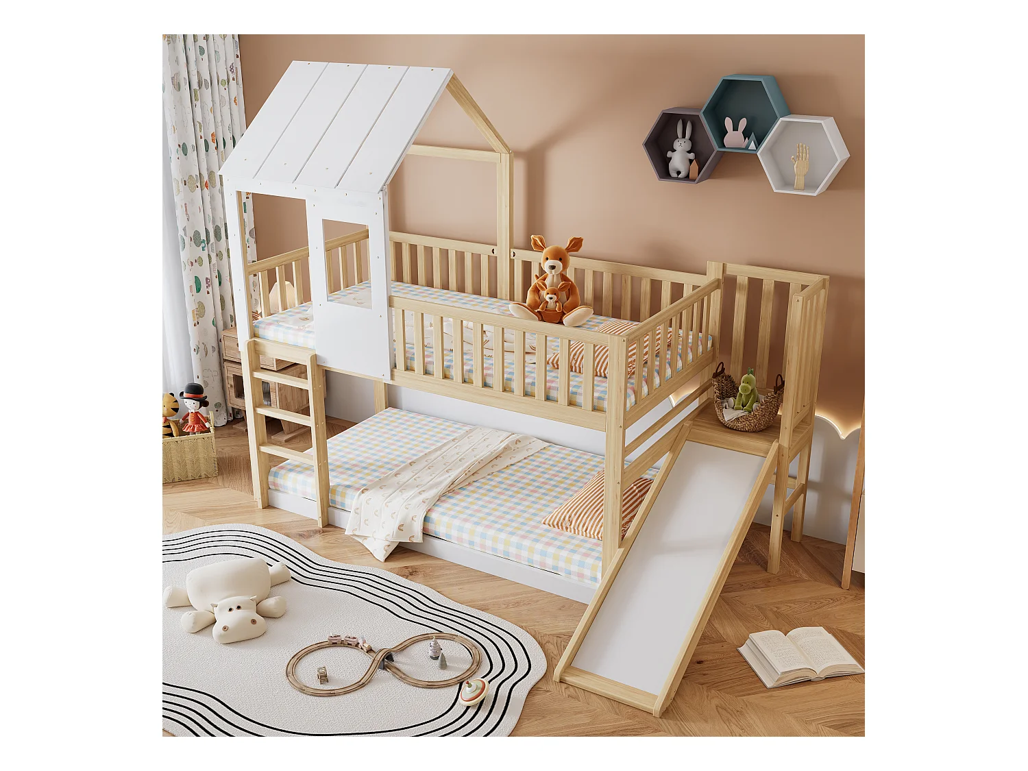 Kinderhuisbed 90x200 cm, stapelbed met glijbaan en trap, frame van grenen en MDF, 1 lattenbodem inbegrepen, wit, zonder matras