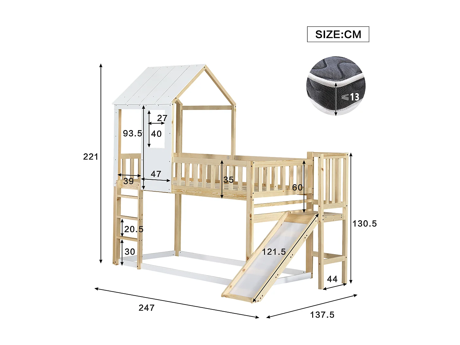 Lit cabane enfant 90x200cm, lit superposé avec tobaggan,escalier, cadre en pin+MDF, 1 sommier inclus, blanc, sans matelas
