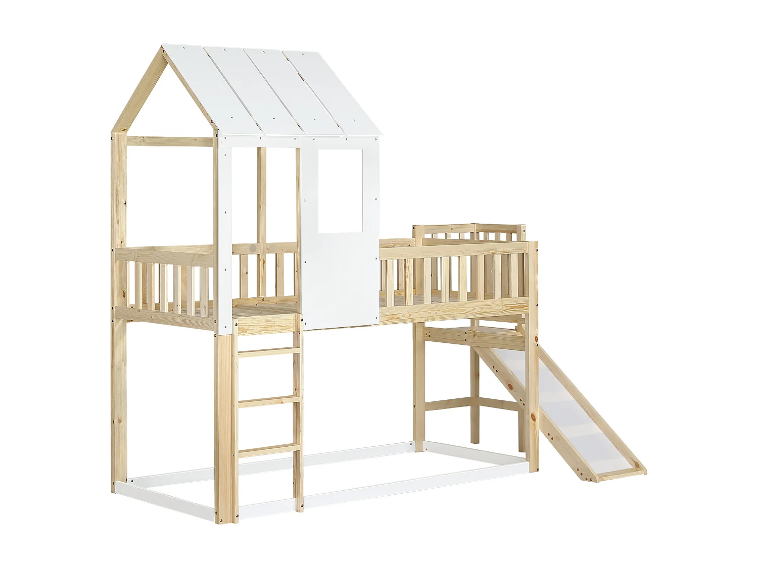 Lit cabane enfant 90x200cm, lit superposé avec tobaggan,escalier, cadre en pin+MDF, 1 sommier inclus, blanc, sans matelas