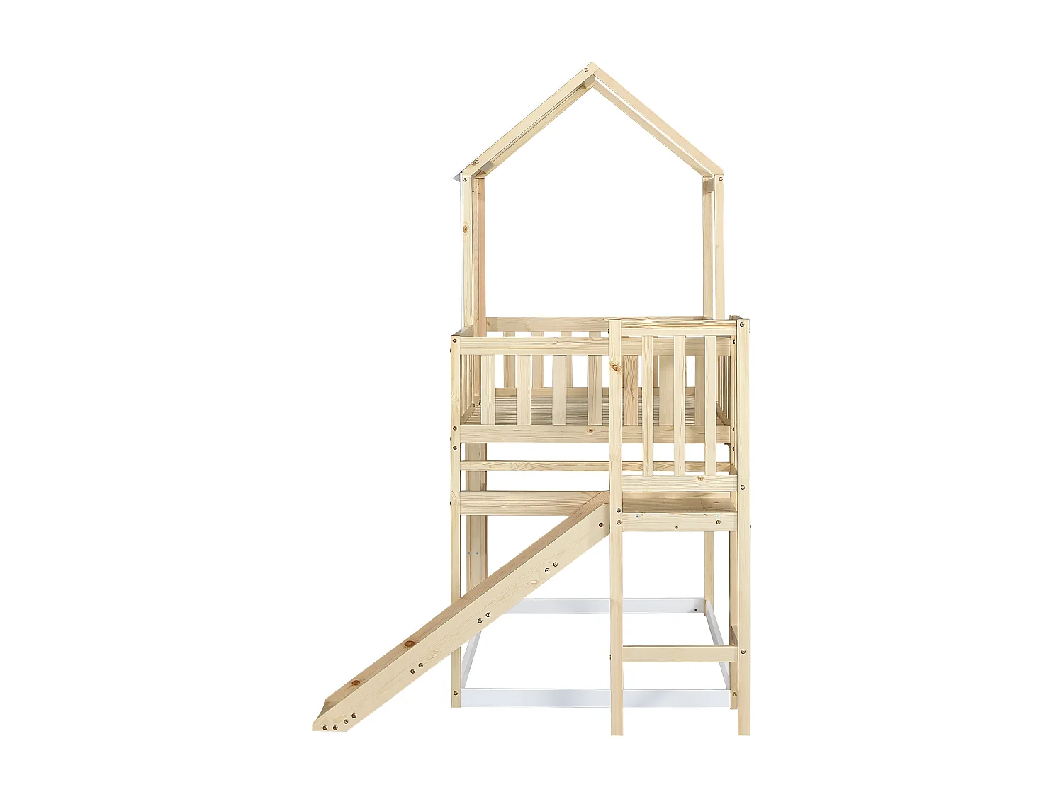 Lit cabane enfant 90x200cm, lit superposé avec tobaggan,escalier, cadre en pin+MDF, 1 sommier inclus, blanc, sans matelas
