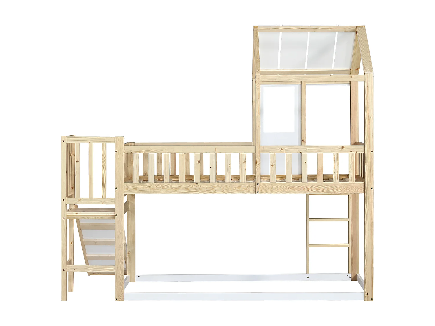 Lit cabane enfant 90x200cm, lit superposé avec tobaggan,escalier, cadre en pin+MDF, 1 sommier inclus, blanc, sans matelas