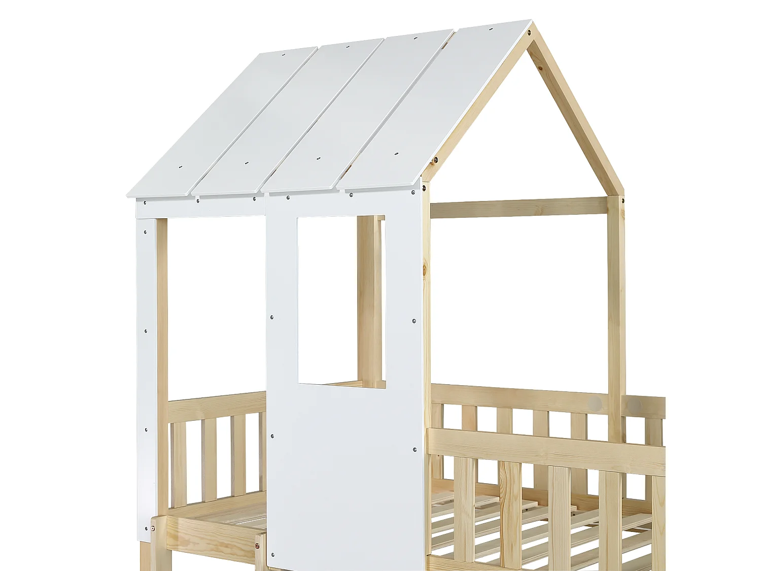 Lit cabane enfant 90x200cm, lit superposé avec tobaggan,escalier, cadre en pin+MDF, 1 sommier inclus, blanc, sans matelas