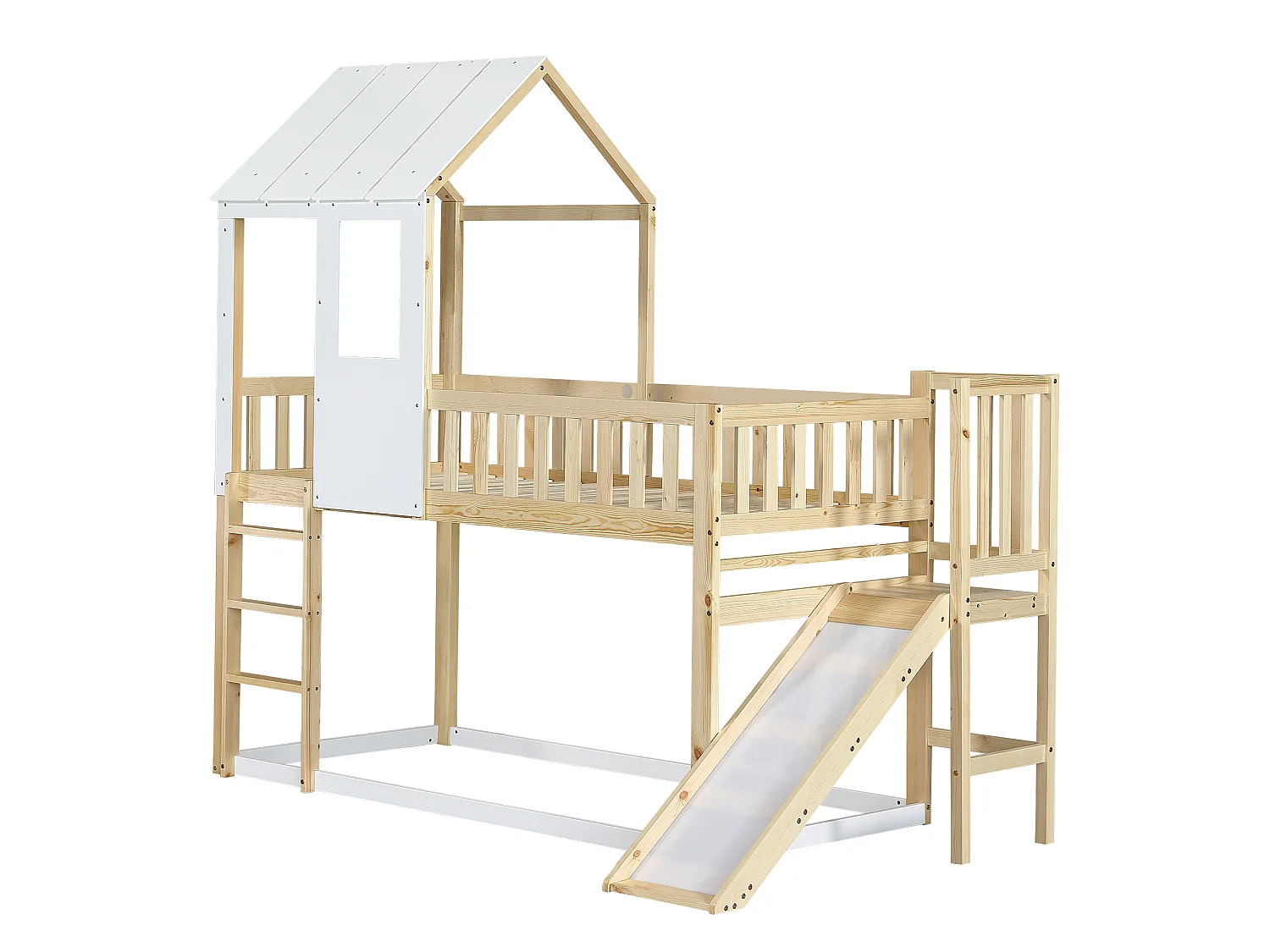 Lit cabane enfant 90x200cm, lit superposé avec tobaggan,escalier, cadre en pin+MDF, 1 sommier inclus, blanc, sans matelas