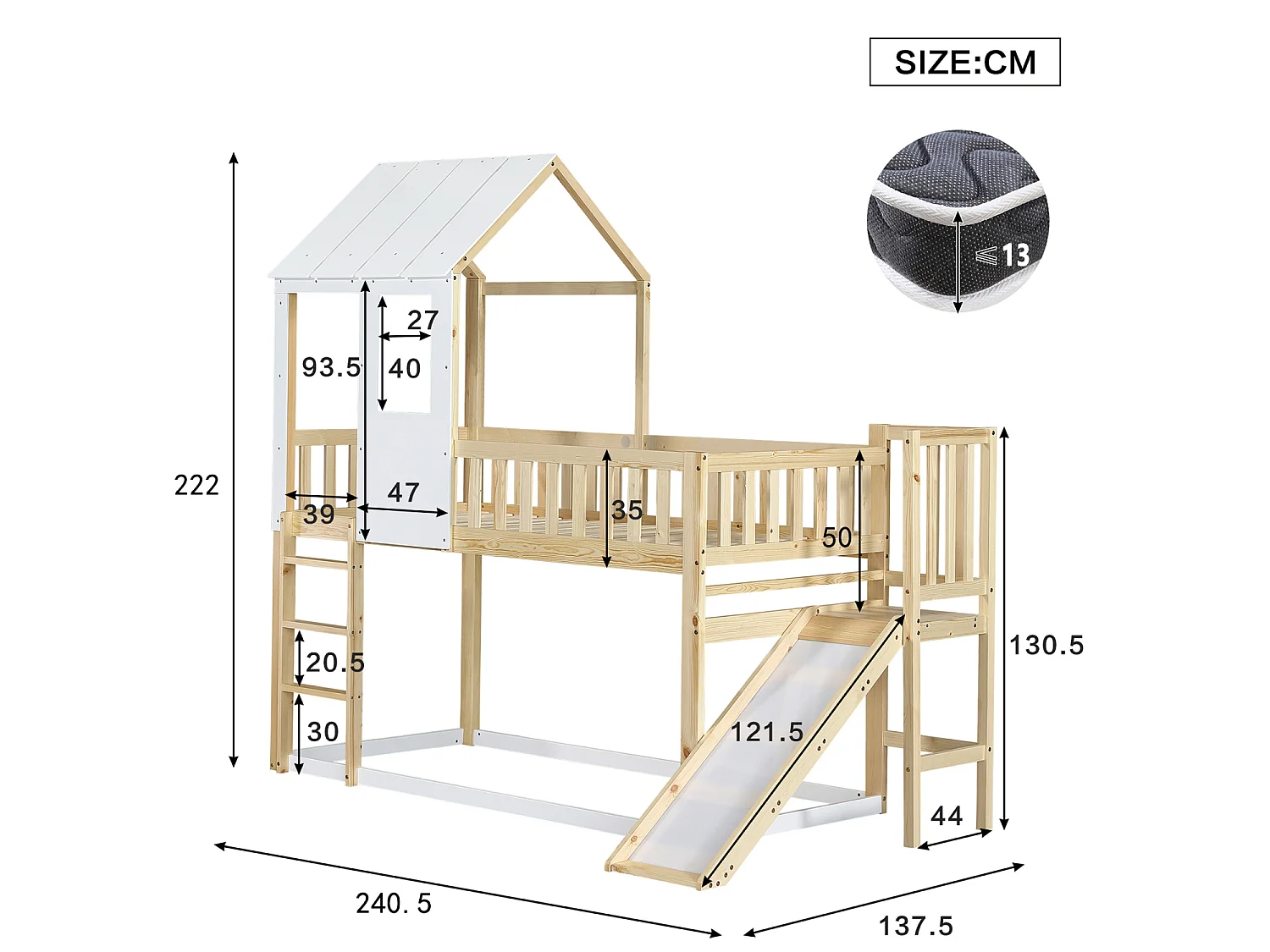 Lit cabane enfant 90x200cm, lit superposé avec tobaggan,escalier, cadre en pin+MDF, 1 sommier inclus, blanc, sans matelas