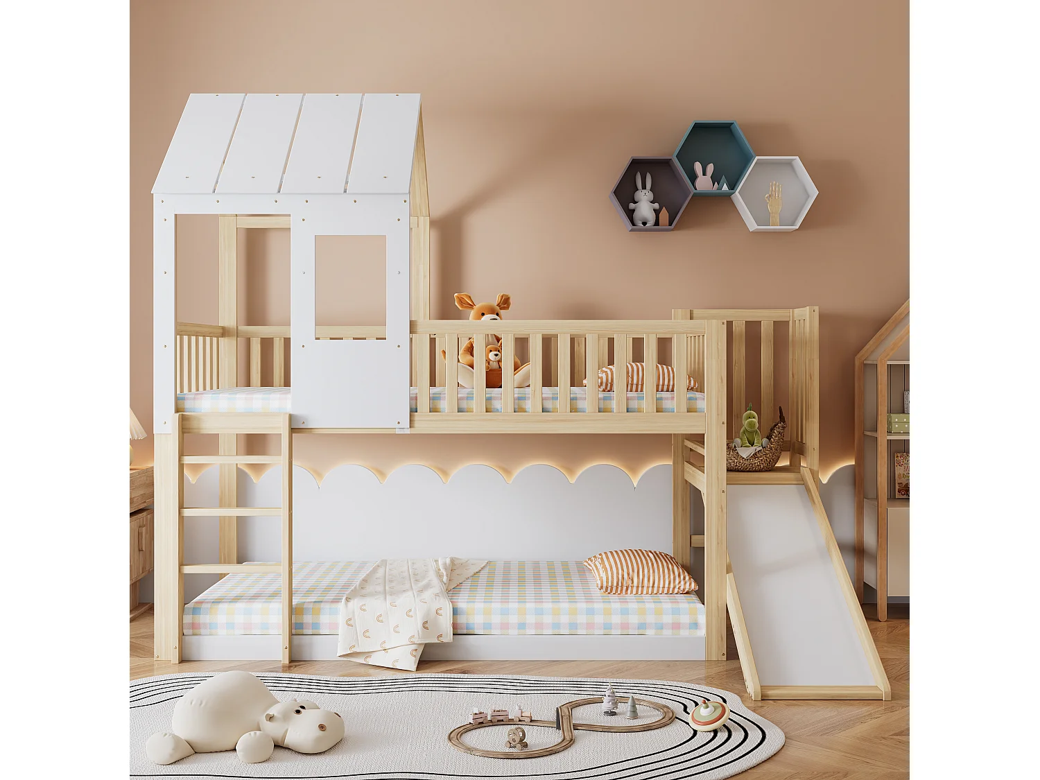 Lit cabane enfant 90x200cm, lit superposé avec tobaggan,escalier, cadre en pin+MDF, 1 sommier inclus, blanc, sans matelas