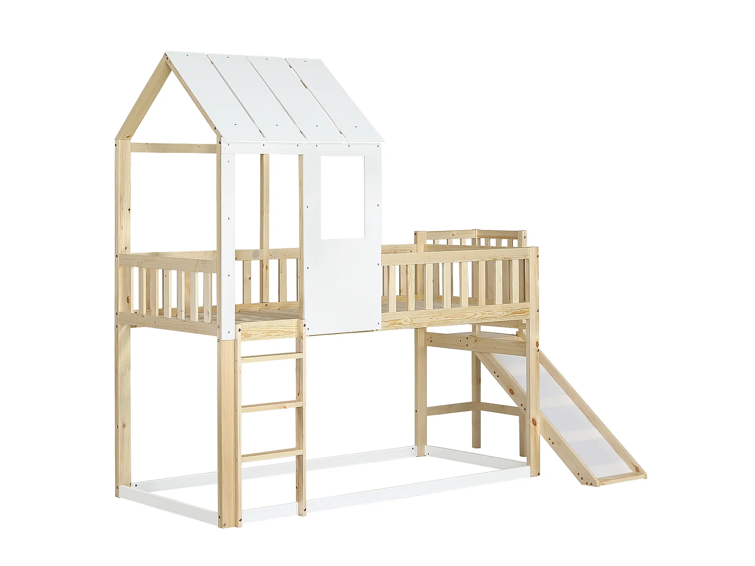 Lit cabane enfant 90x200cm, lit superposé avec tobaggan,escalier, cadre en pin+MDF, 1 sommier inclus, blanc, sans matelas