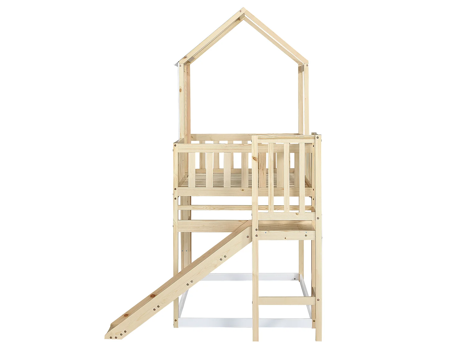 Lit cabane enfant 90x200cm, lit superposé avec tobaggan,escalier, cadre en pin+MDF, 1 sommier inclus, blanc, sans matelas