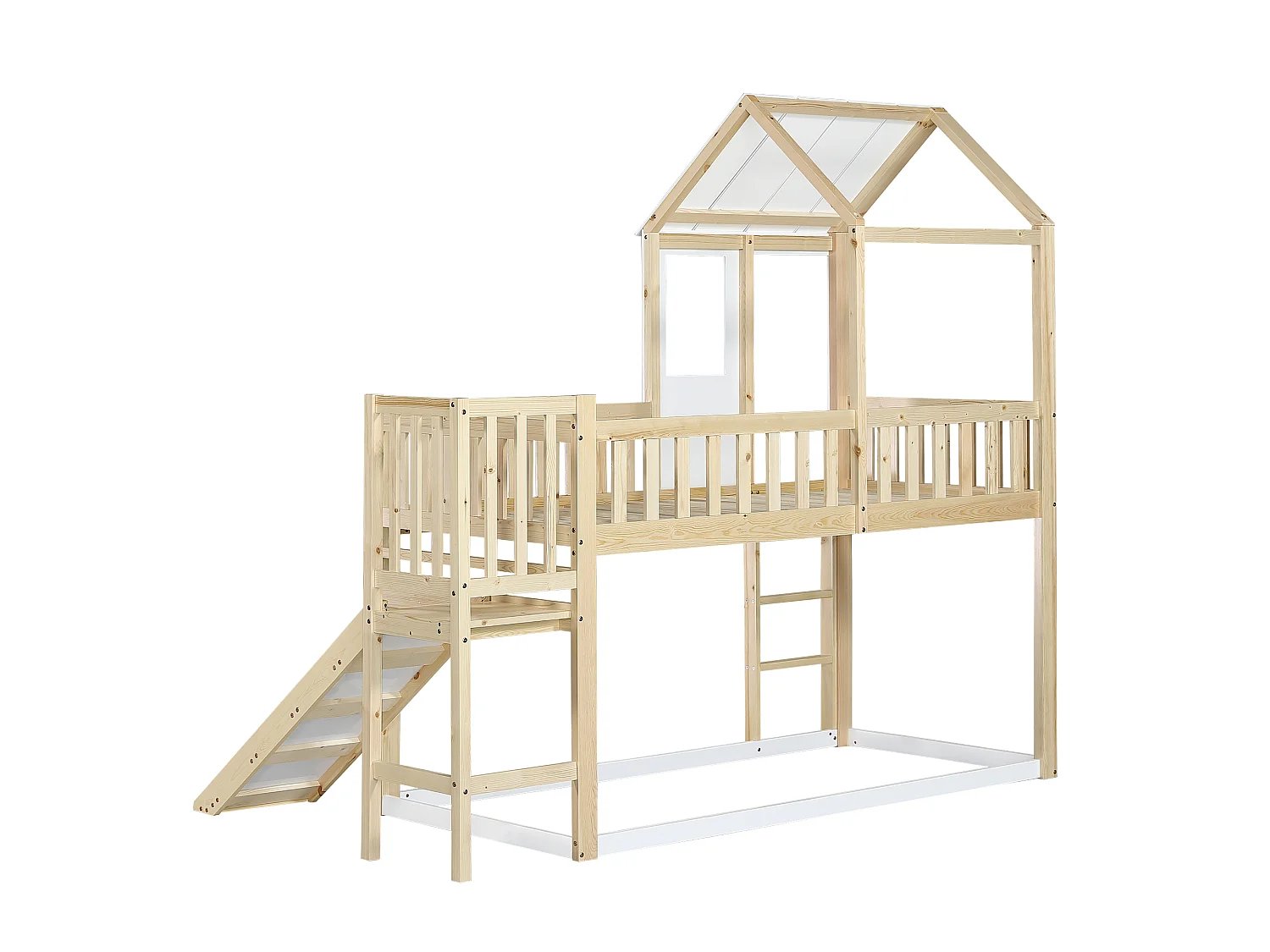 Lit cabane enfant 90x200cm, lit superposé avec tobaggan,escalier, cadre en pin+MDF, 1 sommier inclus, blanc, sans matelas