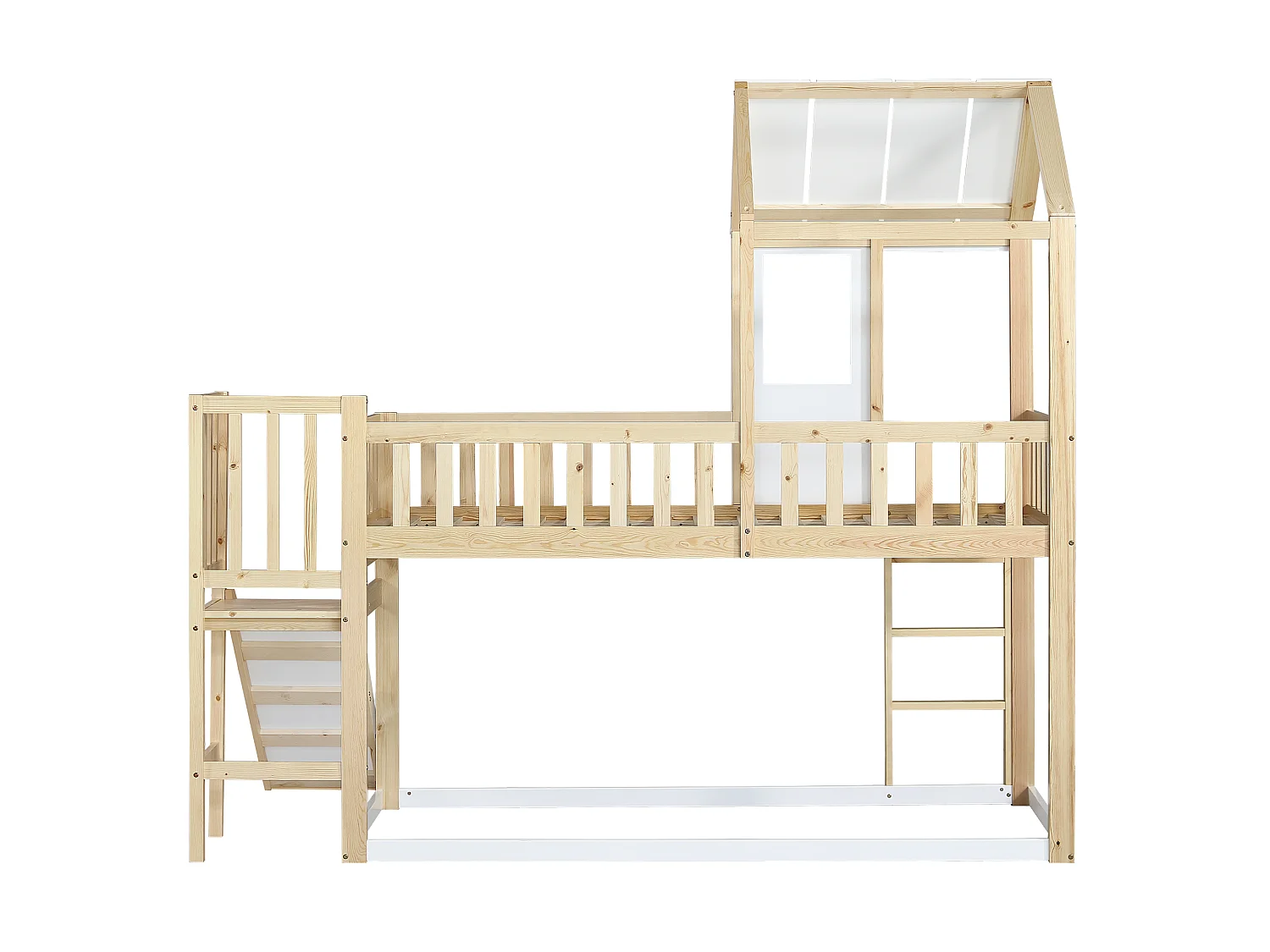Lit cabane enfant 90x200cm, lit superposé avec tobaggan,escalier, cadre en pin+MDF, 1 sommier inclus, blanc, sans matelas