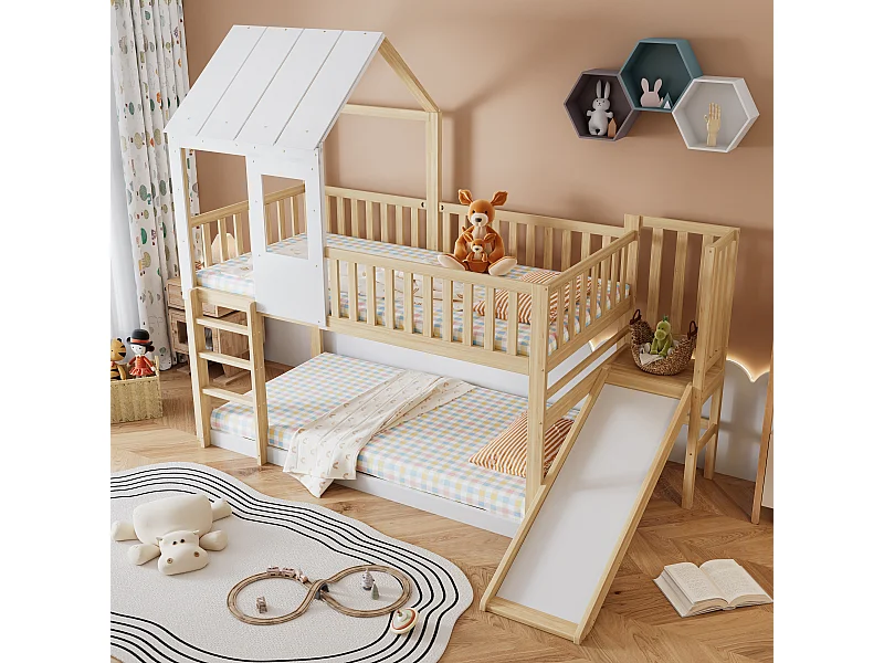Lit cabane enfant 90x200cm, lit superposé avec tobaggan,escalier, cadre en pin+MDF, 1 sommier inclus, blanc, sans matelas