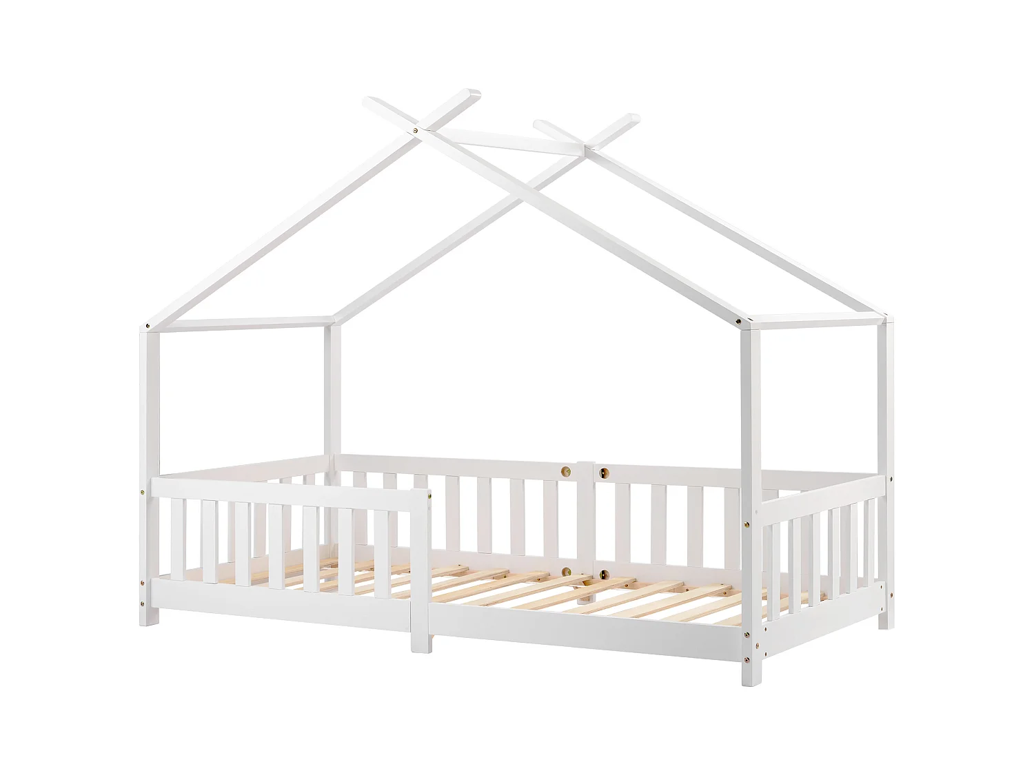 Lit cabane enfant 90x200 cm blanc, clôture et sommier à lattes, protection antichute, sans matelas