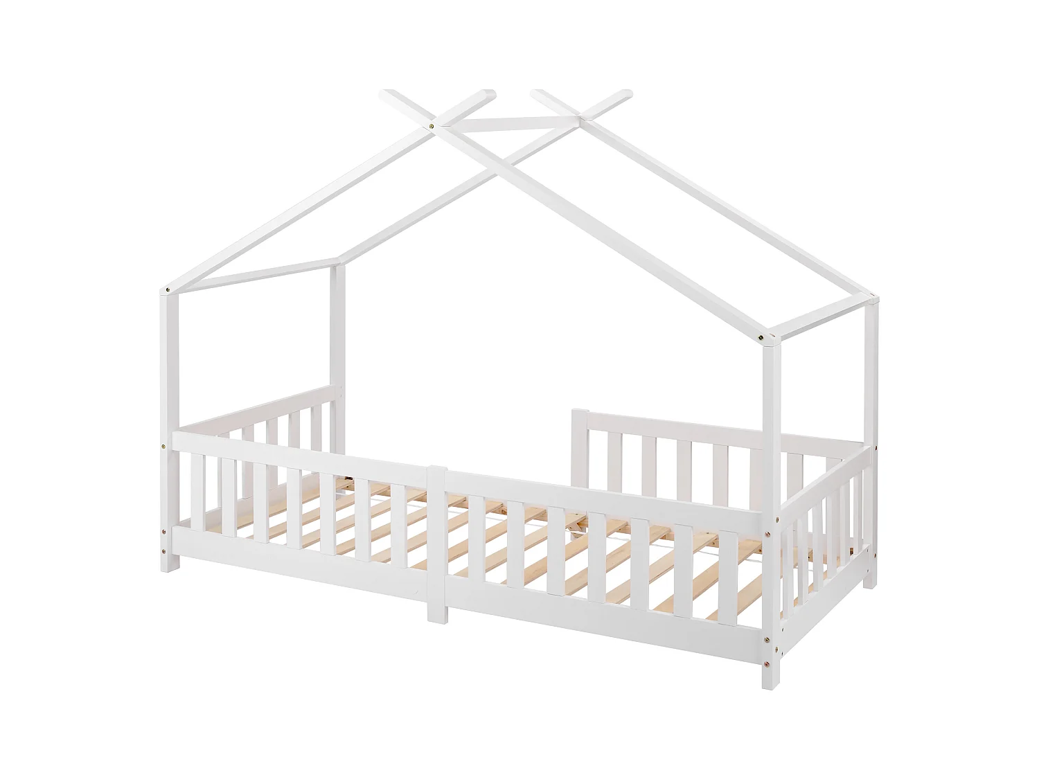 Lit cabane enfant 90x200 cm blanc, clôture et sommier à lattes, protection antichute, sans matelas