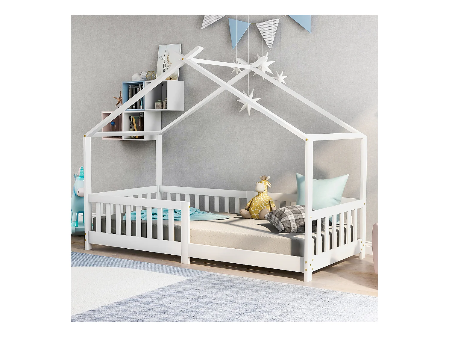 Lit cabane enfant 90x200 cm blanc, clôture et sommier à lattes, protection antichute, sans matelas
