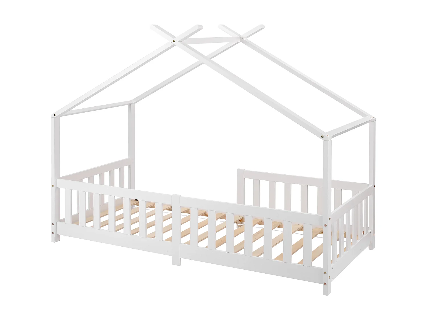 Kinderhuisbed 90x200 cm wit met hekwerk, lattenbodem en valbeveiliging, zonder matras