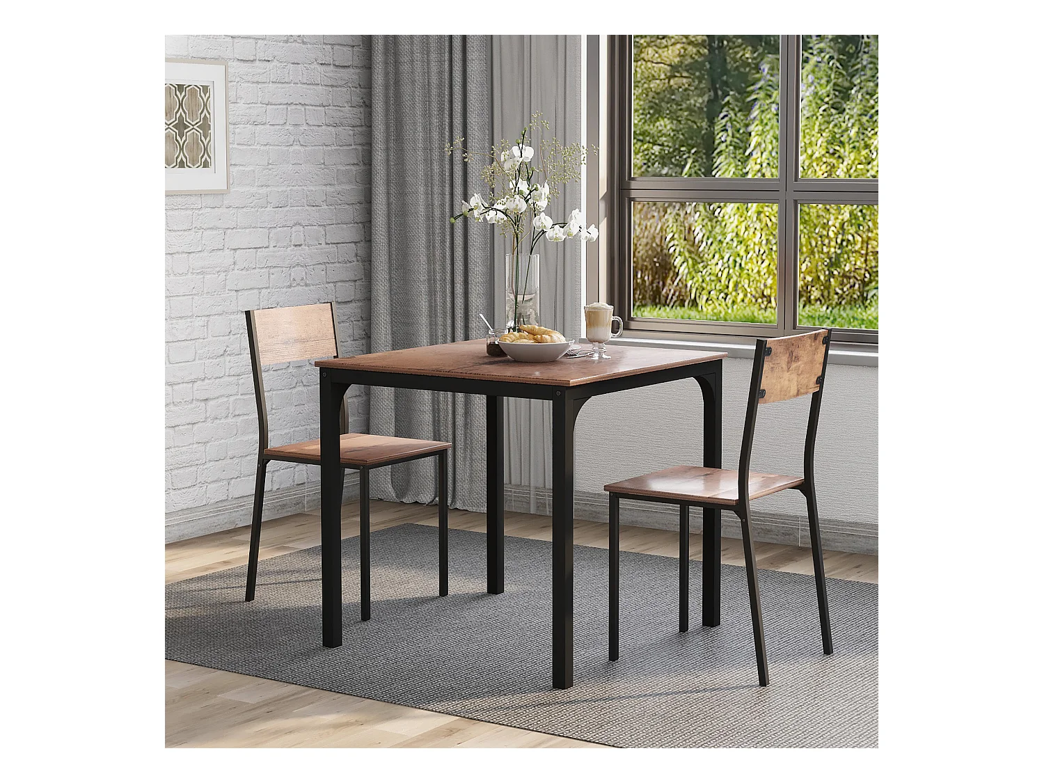 Ensemble table Carré et 2 chaises de salle à manger, cadre en métal, marron