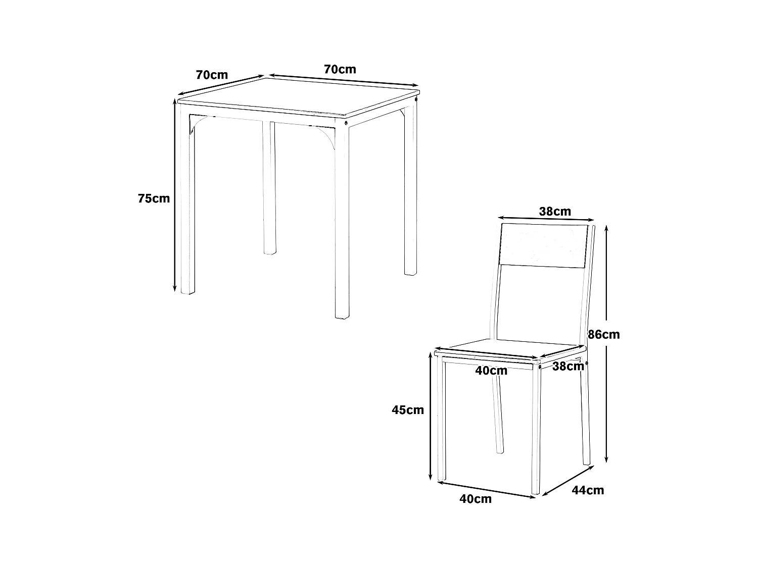 Ensemble table Carré et 2 chaises de salle à manger, cadre en métal, marron