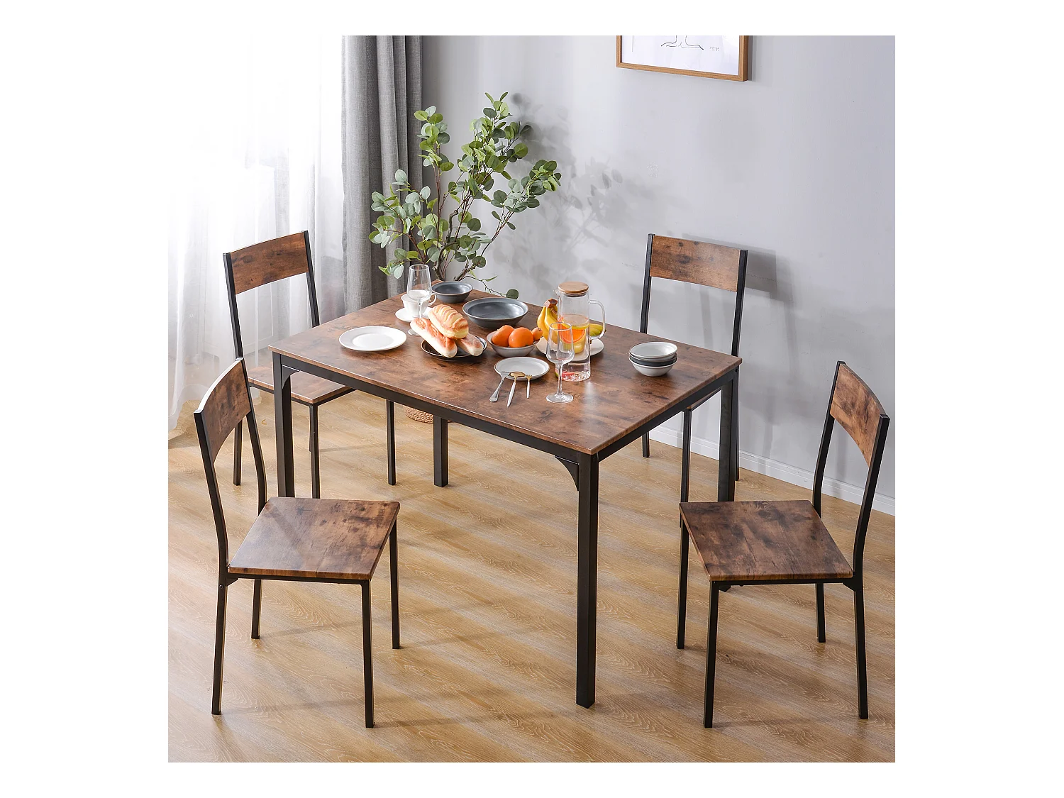 Ensemble table Rectangle et 4 chaises de salle à manger, cadre en métal, marron