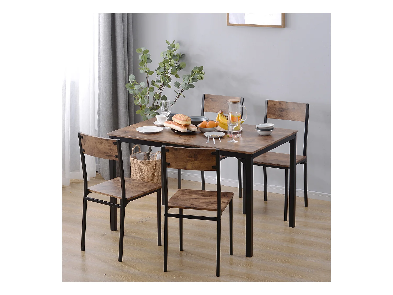 Ensemble table Rectangle et 4 chaises de salle à manger, cadre en métal, marron