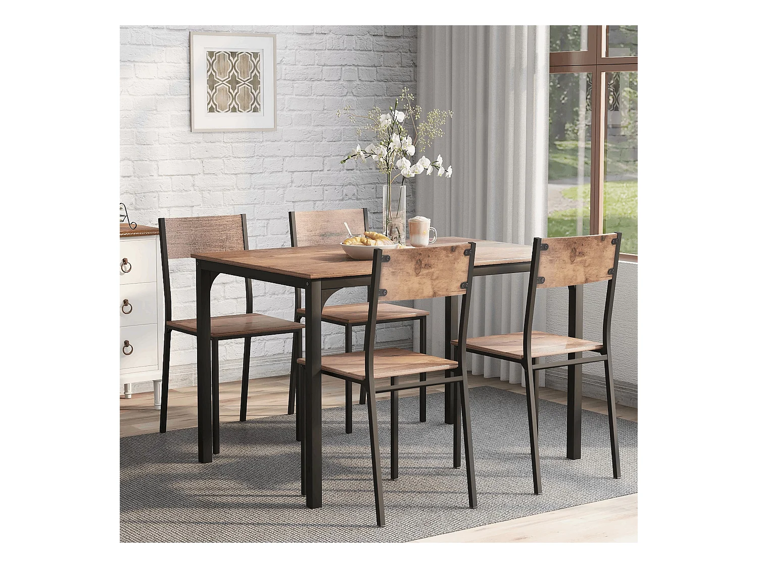 Ensemble table Rectangle et 4 chaises de salle à manger, cadre en métal, marron