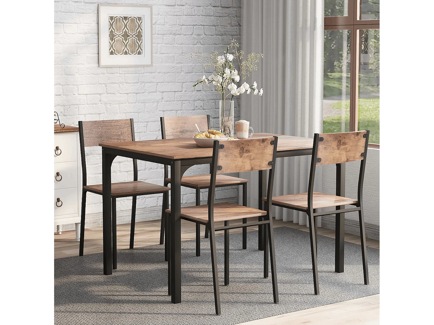 Set tavolo rettangolare e 4 sedie da pranzo, struttura in metallo, marrone