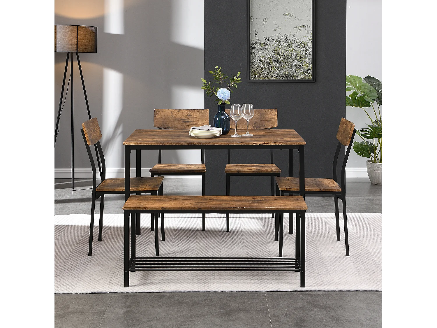 Ensemble table Rectangle et 4 chaises,1 banc, cadre en métal, marron