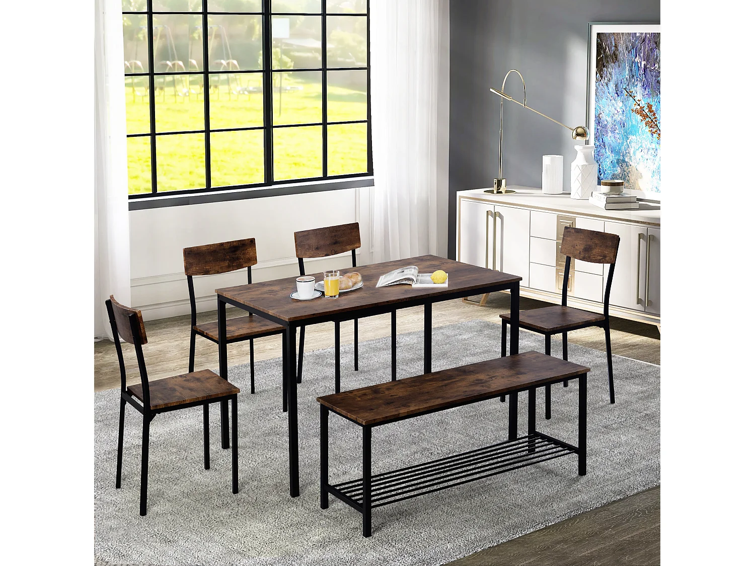 Ensemble table Rectangle et 4 chaises,1 banc, cadre en métal, marron