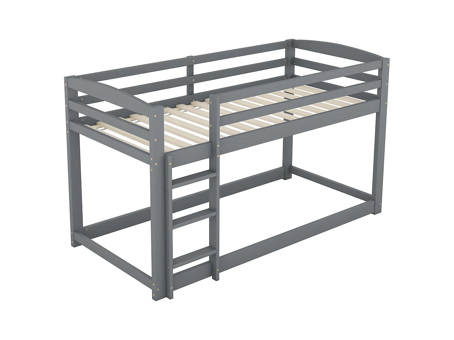 Lit superposé enfant 90x200cm gris, cadre en bois avec escalier et garde-corps, 1 sommier inclus, sans matelas