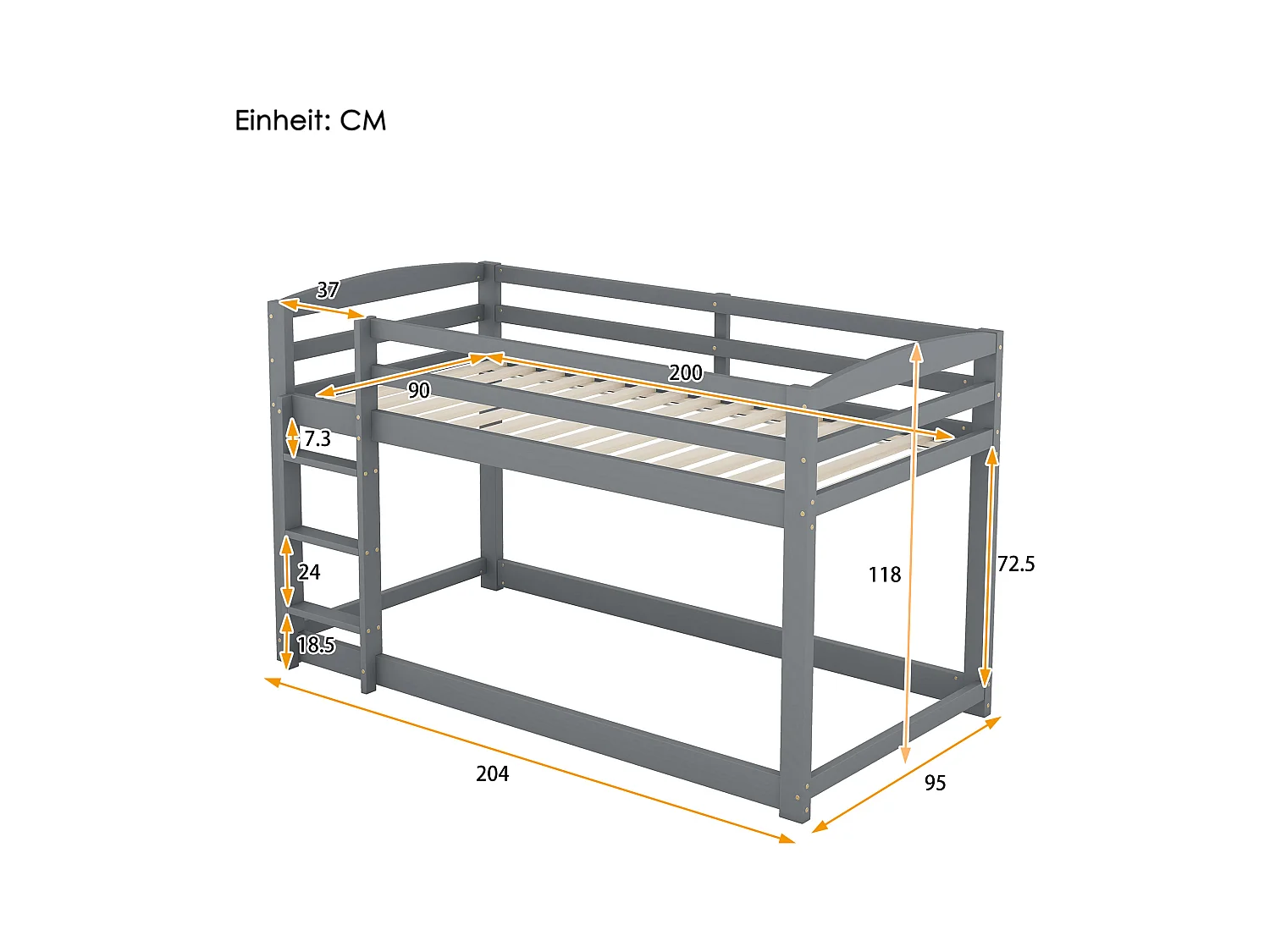 Lit superposé enfant 90x200cm gris, cadre en bois avec escalier et garde-corps, 1 sommier inclus, sans matelas