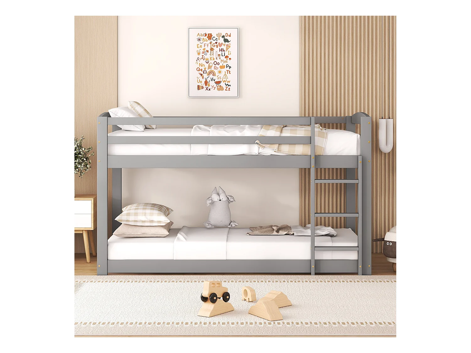Lit superposé enfant 90x200cm gris, cadre en bois avec escalier et garde-corps, 1 sommier inclus, sans matelas