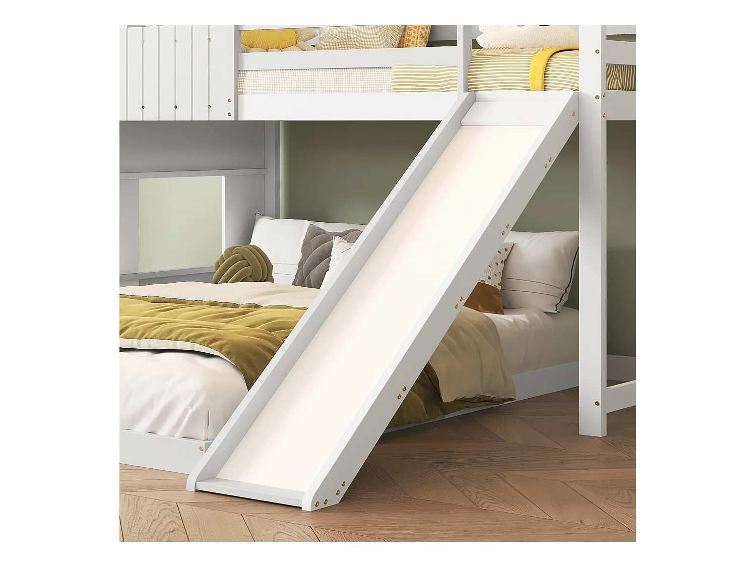 lit superposé 90/140x200cm en forme de maison avec tobaggan, cadre en pin+MDF, 2 sommier inclus,blanc , sans matelas