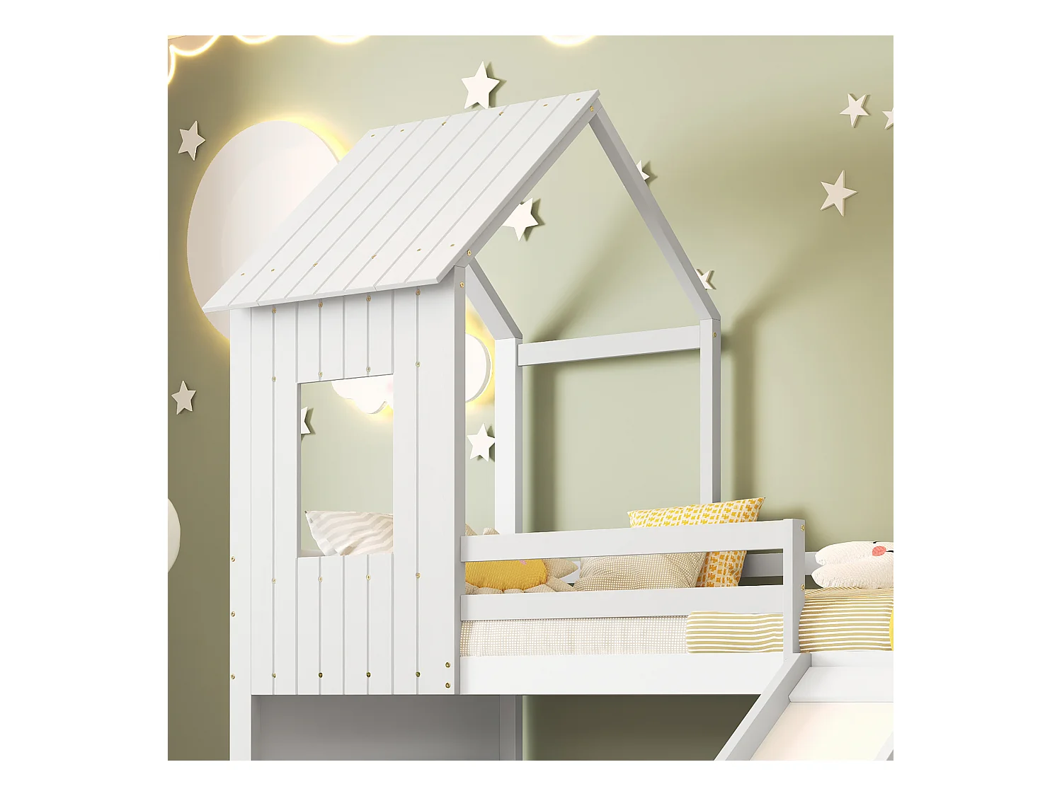 lit superposé 90/140x200cm en forme de maison avec tobaggan, cadre en pin+MDF, 2 sommier inclus,blanc , sans matelas